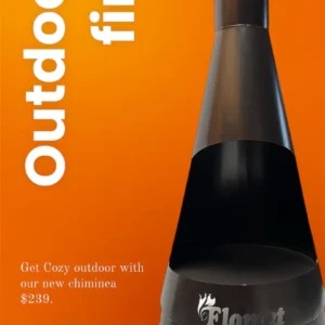 Black chiminea with orange background and text.