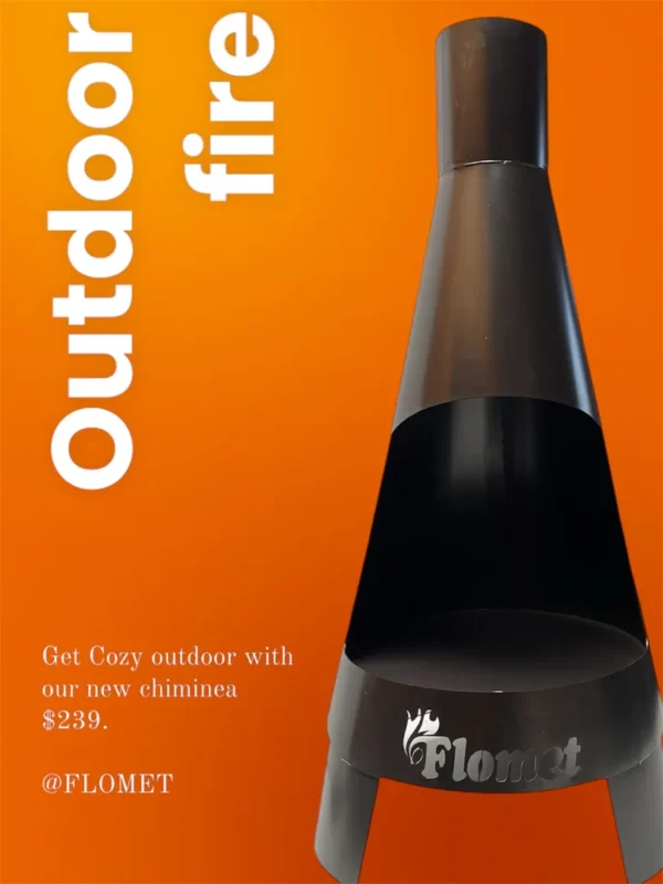 Black chiminea with orange background and text.