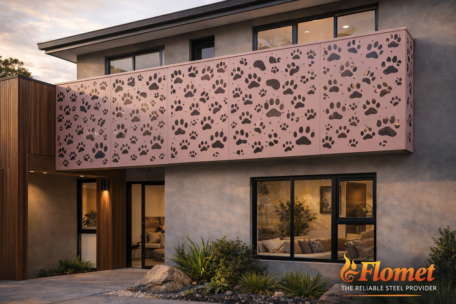 House with paw print steel panel design.