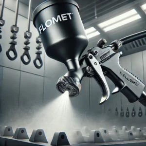 Spray gun painting metal parts in workshop.