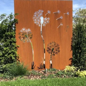 Metal dandelion art on garden wall