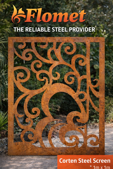 Decorative Corten steel screen by Flomet in garden