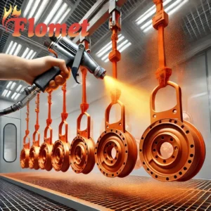 Automotive parts being painted orange in factory.