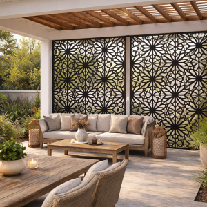 Outdoor patio with decorative black lattice panels