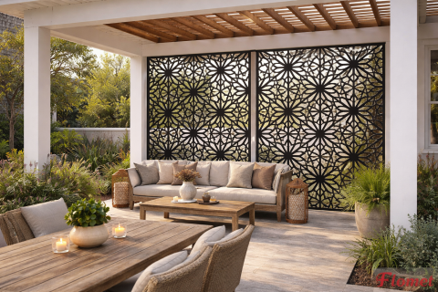Outdoor patio with decorative black lattice panels