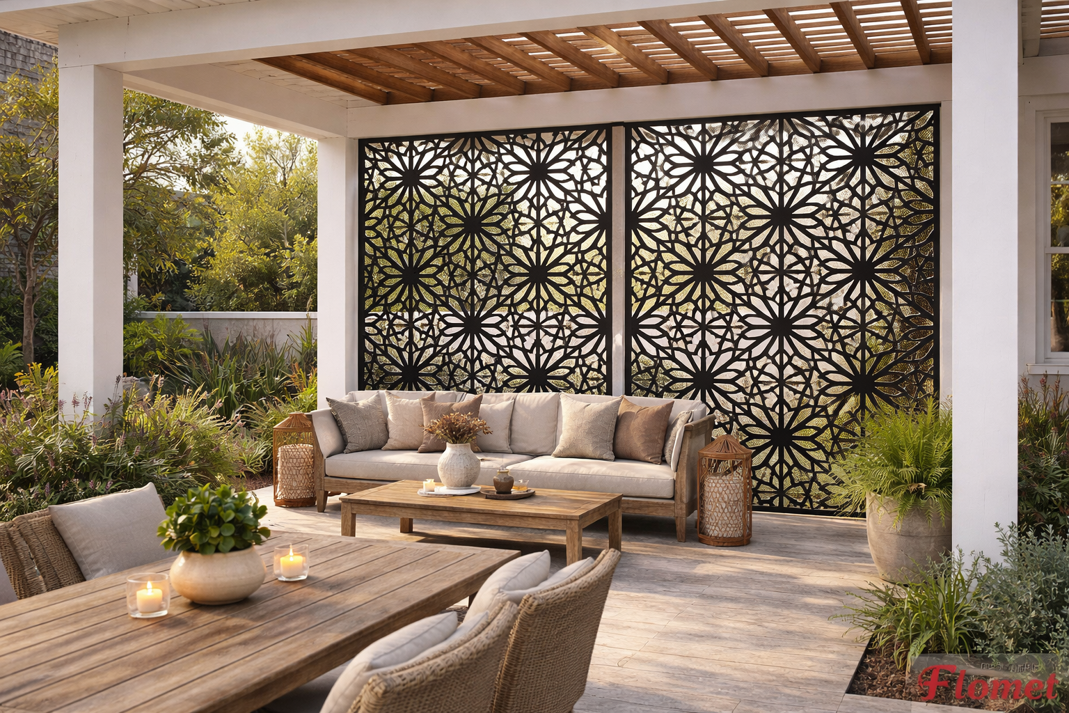 Outdoor patio with decorative black lattice panels