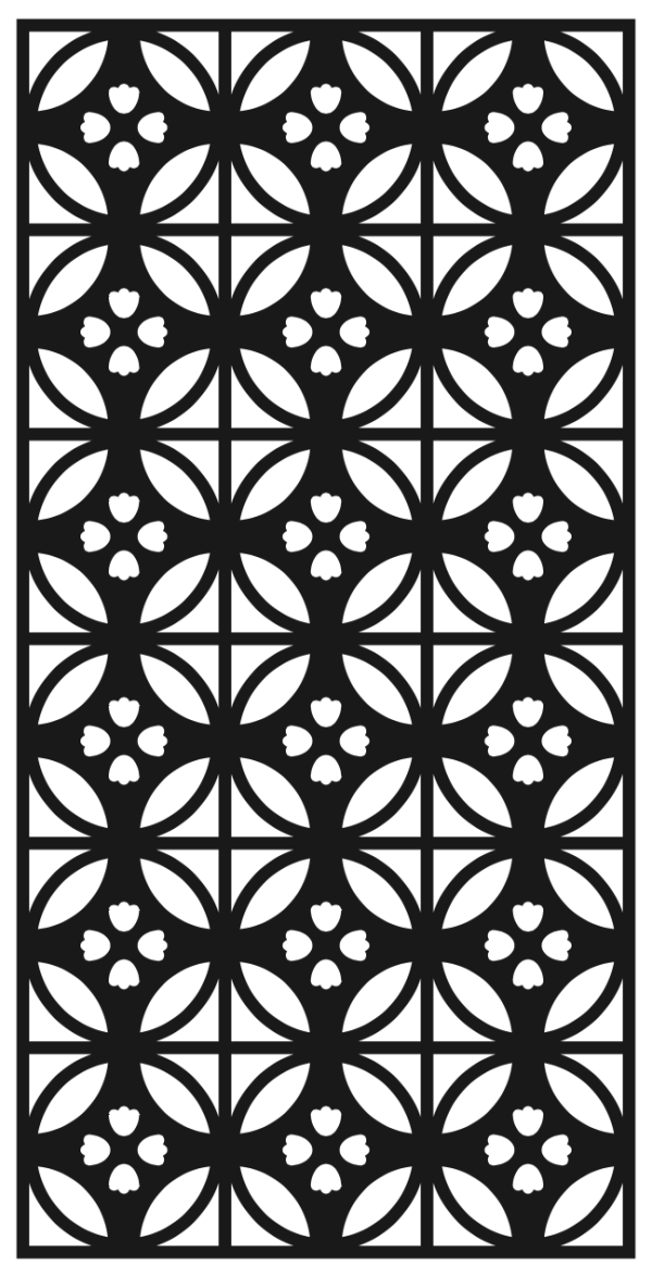 Black and white geometric floral pattern design.