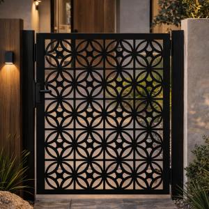 Ornate steel gate at modern house entrance