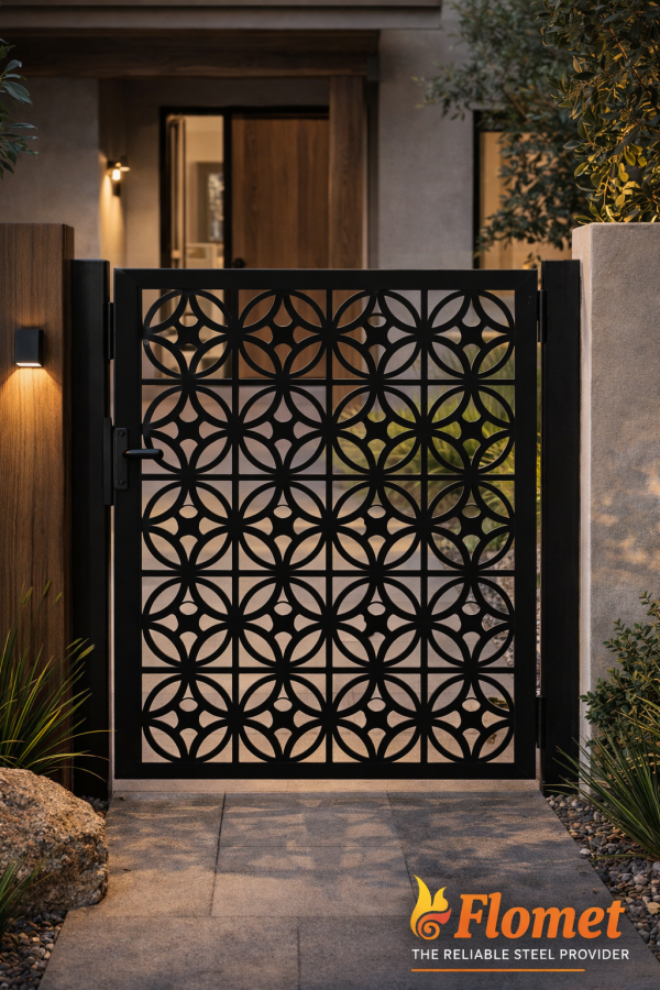 Ornate steel gate at modern house entrance