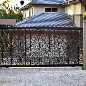 Modern house with decorative front gate.