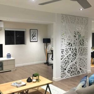 Modern living room with decorative partition panel.