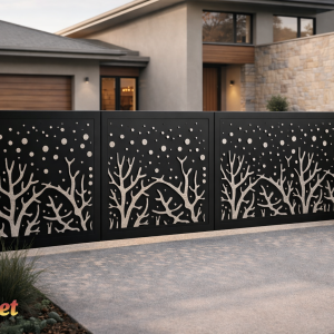 Decorative metal gate in front of modern house.