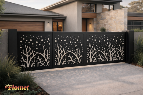 Decorative metal gate in front of modern house.