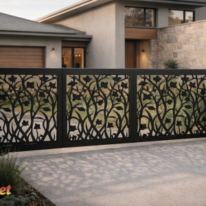 Decorative metal gate at modern house entrance.