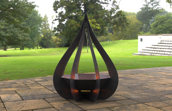 Modern outdoor fire pit on patio.