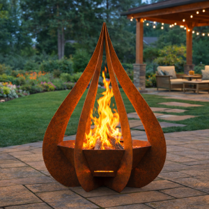 Outdoor fire pit with garden and patio view.
