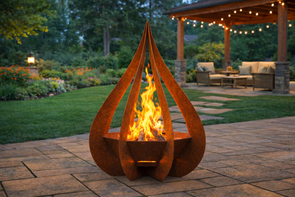 Outdoor fire pit with garden and patio view.