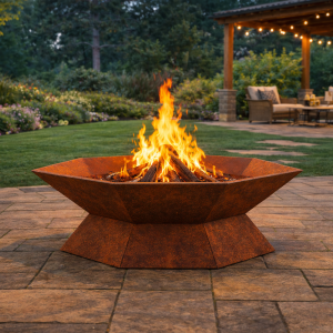 Outdoor fire pit on patio with seating area.