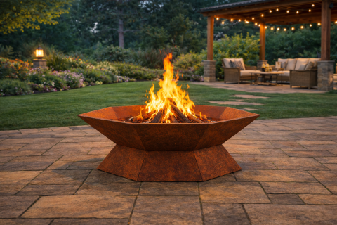 Outdoor fire pit on patio with seating area.
