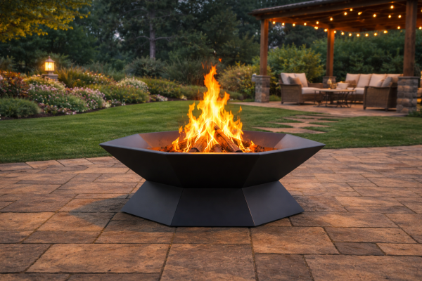 Modern fire pit on stone patio at night