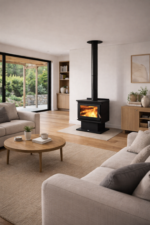 Cozy living room with fireplace and outdoor view.