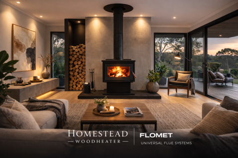 Cozy living room with wood heater and garden view.